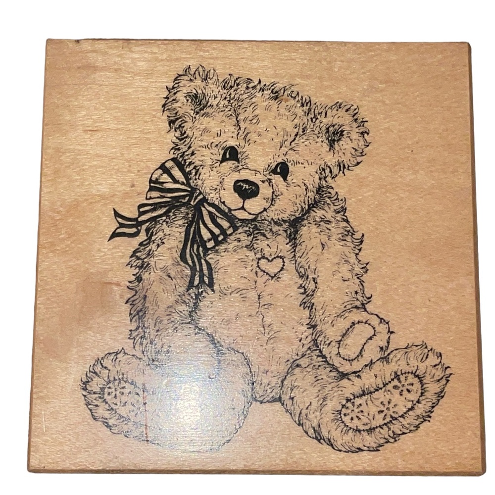 Teddy Bear PSX Rubber Stamp G-1174 Heart Ribbon Retired Wooden Mounted 3X3".